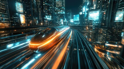 Fototapeta premium A high-speed train with an ultra-modern design, racing through a futuristic city with transparent tracks and holographic displays in the background