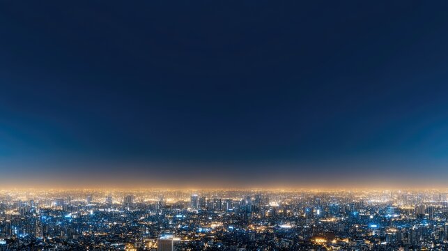 A vibrant city skyline illuminated by holographic lights against a blue night sky highlights advanced technology in urban settings
