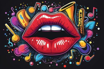 Vibrant sticker art of red lips surrounded by colorful music notes