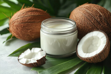 Jar of coconut oil with fresh coconut fruits on blurred background. Organic product for spa and body care. Natural oil for cooking. Generated AI