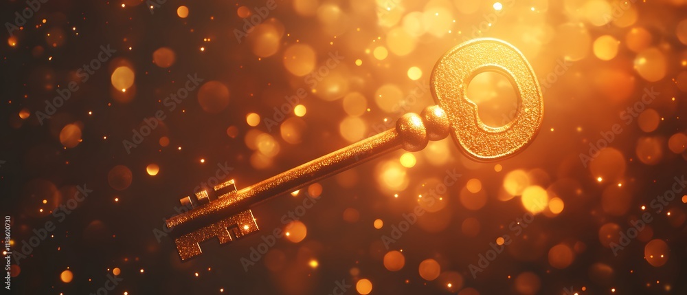 Poster golden key glimmering in a mystical environment with glittering bokeh background, symbolizing opport