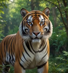 Fototapeta premium The Bengal tiger's piercing gaze fixes on its next meal as it bursts from the underbrush, big cat, forest