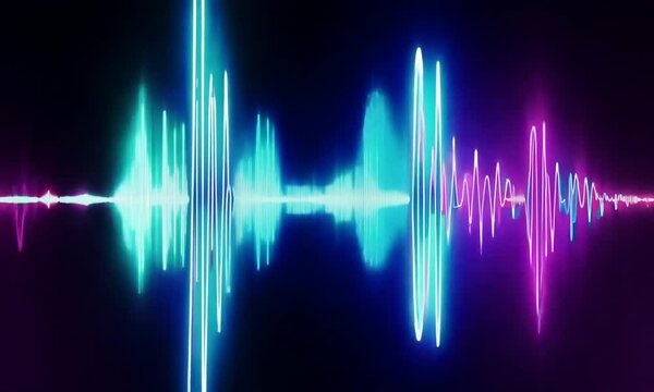 Abstract sound wave design with teal, purple, and blue neon light on black background.