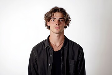 Fototapeta premium Confident Young Man with Wavy Hair Posing Against a Simple Background
