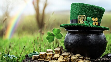 Leprechaun hat and pot of gold in a vibrant meadow under a soft rainbow