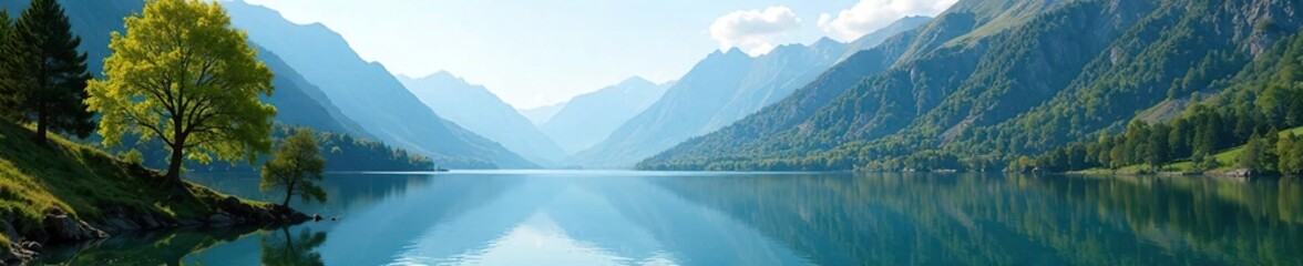 Fototapeta premium Tranquil lake nestled in the mountains with surrounding trees and a clear sky, tree, sky, water