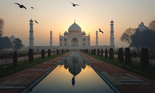 The Taj Mahal at sunrise, with birds flying overhead and a reflection of the monument in the water.