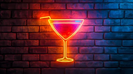 Neon Martini Glass Icon Illuminated on a Brick Wal
