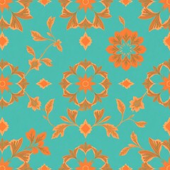 Fototapeta premium Teal and Orange Floral Damask Pattern 