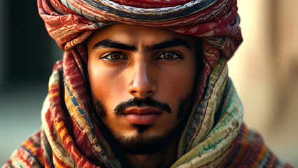 A handsome young Arab prince in kufiya. The Tale of the Magic Lamp.