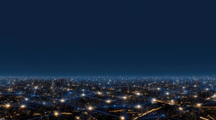 Obraz premium A vibrant city skyline illuminated by holographic lights against a blue night sky highlights advanced technology in urban settings