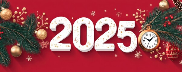 Festive 2025 holiday decoration with pine branches and clock on red background, representing Christmas and New Year celebration.