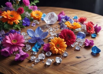 Fototapeta premium vibrant flowers and crystals arranged in a unique composition on a wooden table , flowers, table, arrangement