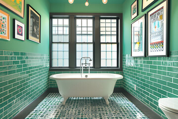 eclectic bathroom decor, a quirky bathroom features vibrant wallpaper, a classic clawfoot tub, intricate tiles, and framed art, combining playfulness and charm