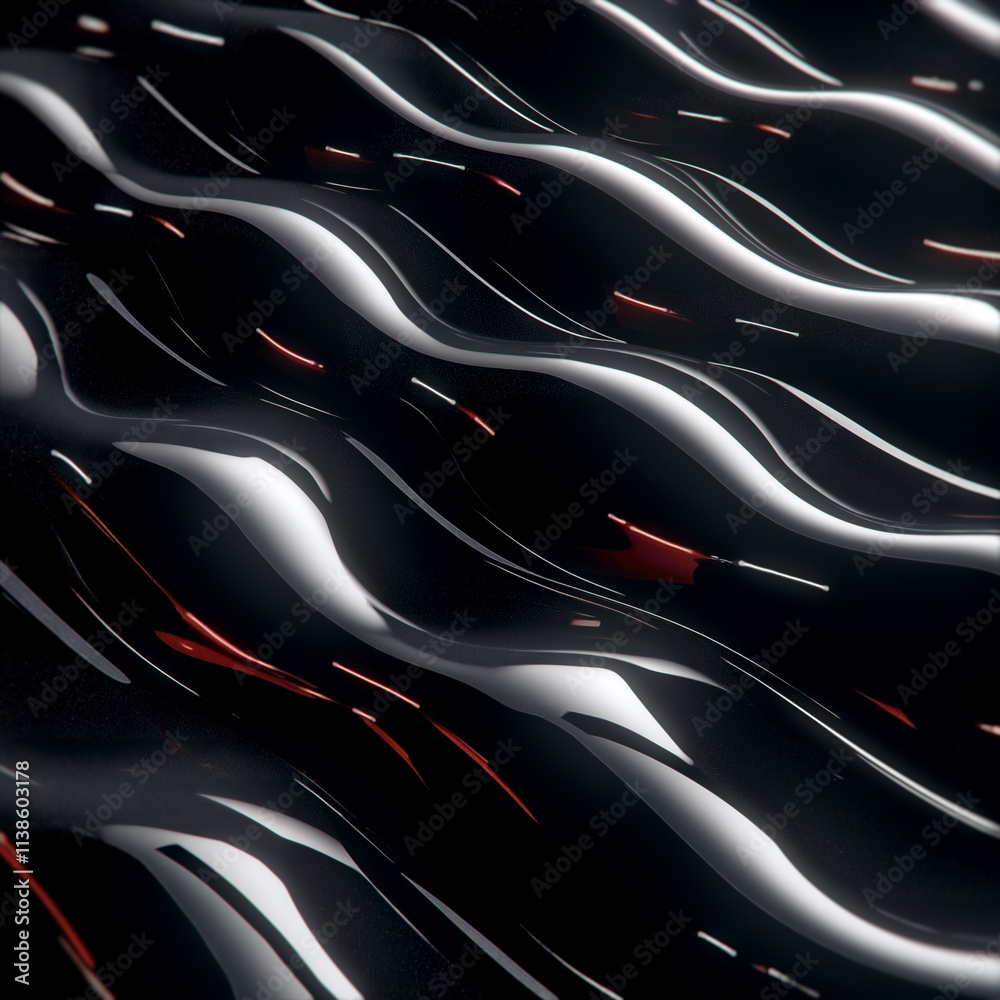 Poster An image with abstract, glossy, black waves that shimmer with highlights. Red highlights between the waves enhance the effect of movement and mysticism