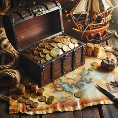 An old chest with treasure and gold. The Tale of the Magic Lamp