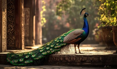 A blue peacock is standing on a stone ledge