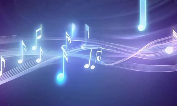 Two music notes against a backdrop of glowing blue and purple wavy lines.