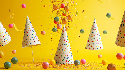 Celebrate with joy and vibrant colors. This festive scene features colorful polka dot party hats and confetti