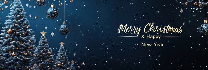 Fototapeta premium Elegant Christmas and New Year greeting card with gold ornaments and snowflakes on a dark blue background