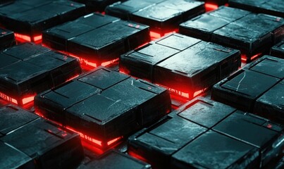 A close up of a black and red cube