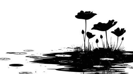 A lotus flower growing on the surface of a calm pond with visible stems below, Plant Vector Graphic