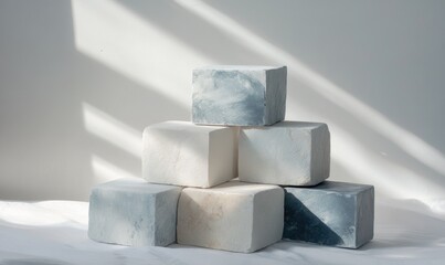 A stack of white and blue bricks