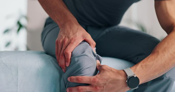 Physiotherapy, knee pain and hands of person in clinic for wellness, medical service and consulting. Healthcare, chiropractor and patient with injury for physical therapy, rehabilitation and recovery