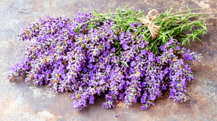 Fototapeta premium A collection of lavender flowers graced against a soft purple background—A minimalist floral arrangement where lavender blossoms sit on a mild purple canvas, representing tranquility, restfulness,