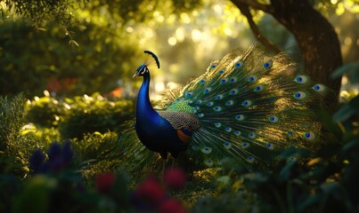 Obraz premium A blue peacock is standing in a lush green field