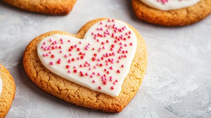 Freshly Baked Heart-Shaped Cookies with Icing and Colorful Sprinkles Perfect for Celebrations and Special Occasions on Light Grey Surface