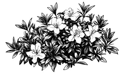 Rhododendron shrub flowering in a woodland garden, large purple blooms, Plant Vector Graphic