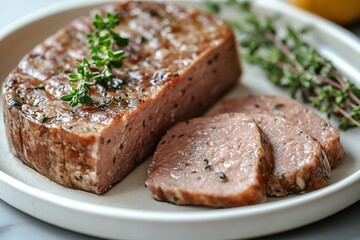 A piece of meat is cut into slices and served on a white plate