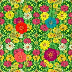 Vibrant Floral Garden: A lively seamless pattern of colorful daisies and flowers in full bloom, creating a cheerful and vibrant textile design. Perfect for fashion, home decor.