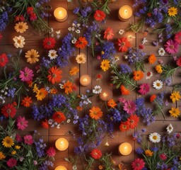 Fototapeta premium Wildflowers arranged in a beautiful pattern on a wooden table with a few candles lit, table, wildflowers, inviting