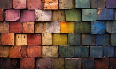 A colorful wall made of wood blocks