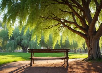 Wooden bench under a weeping willow tree's canopy, nature, tree, serenity