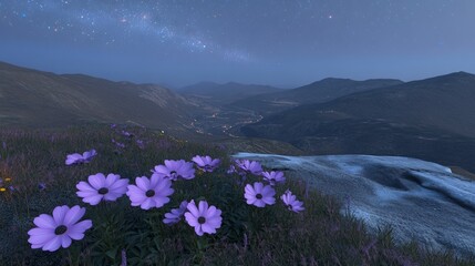 Obraz premium In a realm of enchantment, a cosmic field bursts into bloom with flowers, its beauty mirrored in the reflection of a magical galaxy.