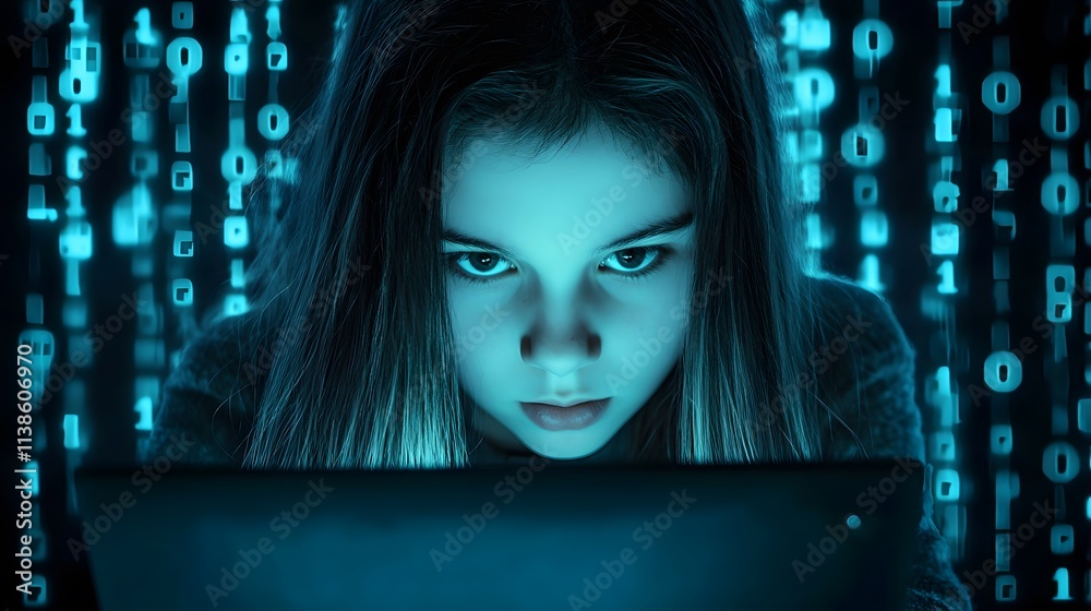 Aufkleber Young Girl Engaged in Digital Learning With Technology Surrounded by Binary Code Representing Concepts of Programming and Data Analysis in a Futuristic Setting