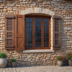 Fototapeta premium Wooden shutters and stone walls in a cozy cottage , woodsy, cozy