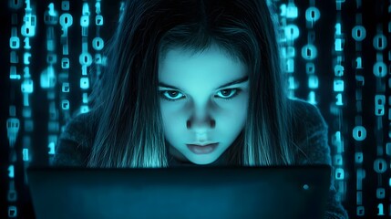 Young Girl Engaged in Digital Learning With Technology Surrounded by Binary Code Representing Concepts of Programming and Data Analysis in a Futuristic Setting