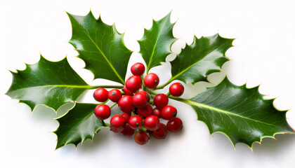 The image depicts a sprig of holly with shiny green leaves and bright red berries against a white background