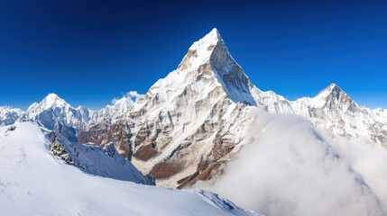 Majestic Snow-Capped Mountain Peaks Under Clear Blue Sky in Winter