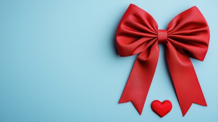 Red Bow and Heart on Blue Background, Perfect for Celebrations, Gifts, and Romantic Occasions, Creating a Warm and Inviting Atmosphere for Special Moments