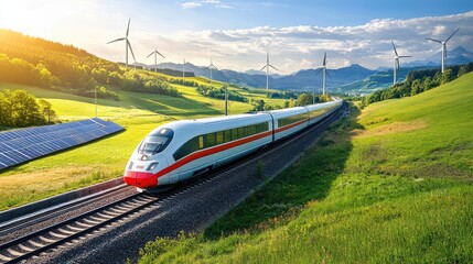 Fototapeta premium A sleek, eco-friendly high-speed train cutting through a green valley with solar panels lining the tracks and surrounding wind farms