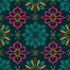Fototapeta premium Floral Tile Pattern: A vibrant and intricate seamless pattern featuring an array of stylized flowers in rich hues of teal, pink, and gold against a deep teal background.