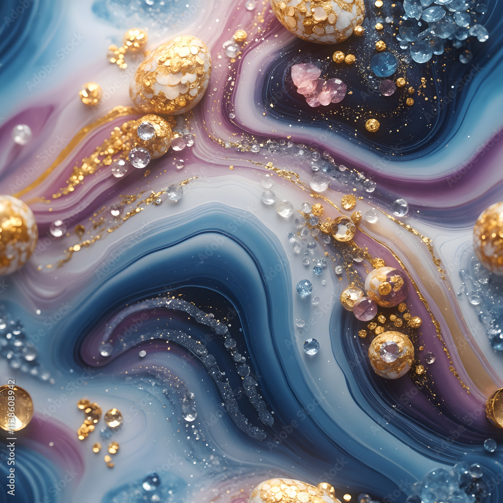 Leinwandbilder soft lines of pink, blue and lilac marble flow around shimmering gold spheres set with gemstones. th