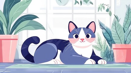 A cute illustrated cat lounging on a mat surrounded by plants.