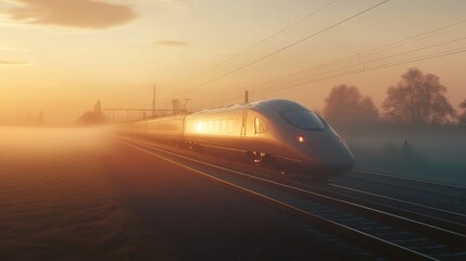 Naklejka premium A sleek high-speed train moving swiftly through a foggy countryside at sunrise, with fog swirling around the train path