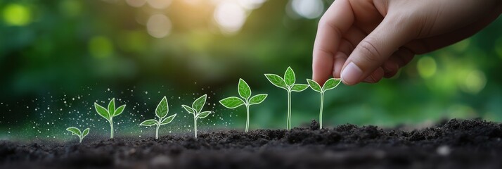 A series of small plants in various growth stages sprouts from the ground, symbolizing natural growth and potential.